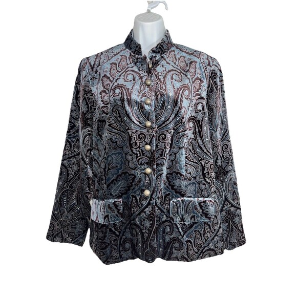 Coldwater Creek Blue Velvet Blazer Paisley Pewter Buttons Women Large Petite - Picture 1 of 11